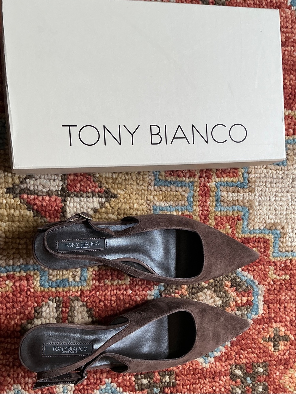 Tony Bianco Espresso Suede Slingback Kitten Heels, y2k vibes, quiet luxury - Picture 2 of 6